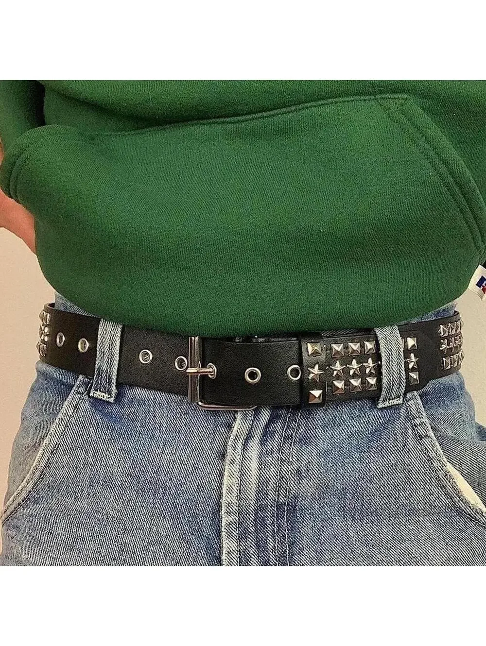 Y2k Cyber 2000s style star studded grunge emo black and silver belt. High